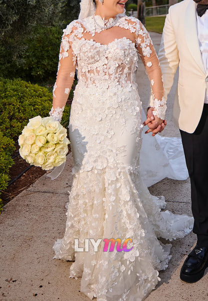 Sweetheart Long Sleeves Appliques Mermaid Wedding Dress