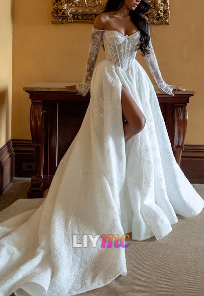 Sweetheart Long Sleeves Appliques Pearl A-Line Lace Wedding Dress