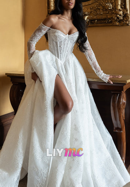 Sweetheart Long Sleeves Appliques Pearl A-Line Lace Wedding Dress