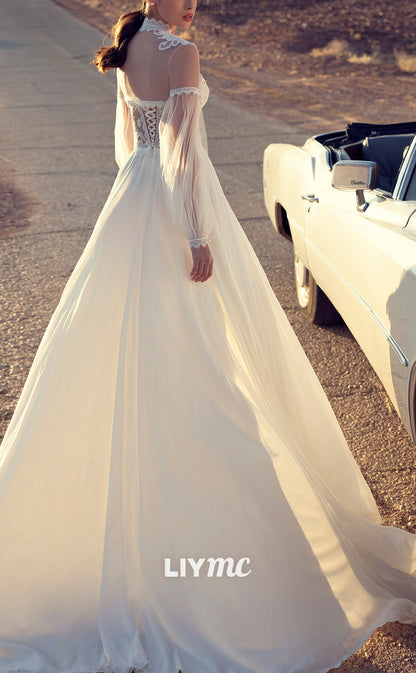 LW908 - Sweetheart Long Sleeves Appliques Pleated A-Line Side Slit Boho Wedding Dress