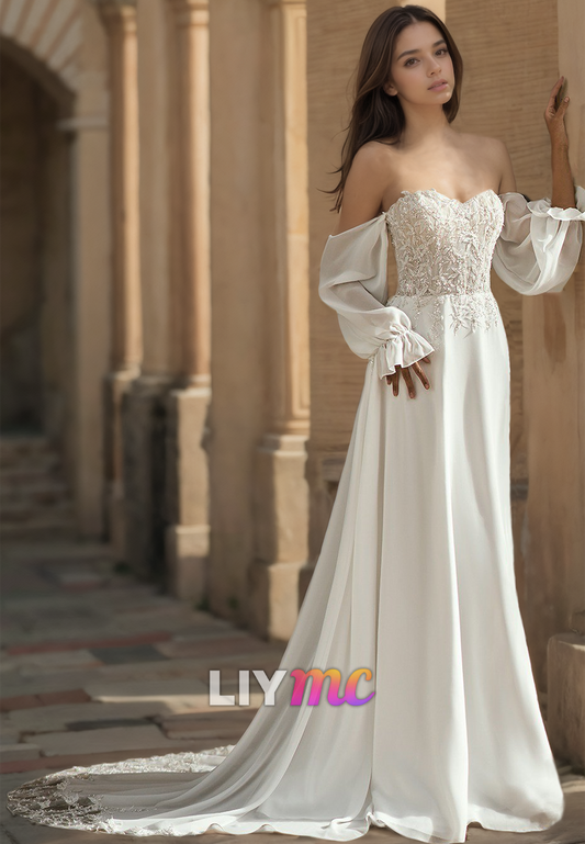 Sweetheart Long Sleeves Appliques Sleek A-Line Wedding Dress