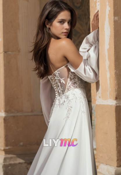 Sweetheart Long Sleeves Appliques Sleek A-Line Wedding Dress