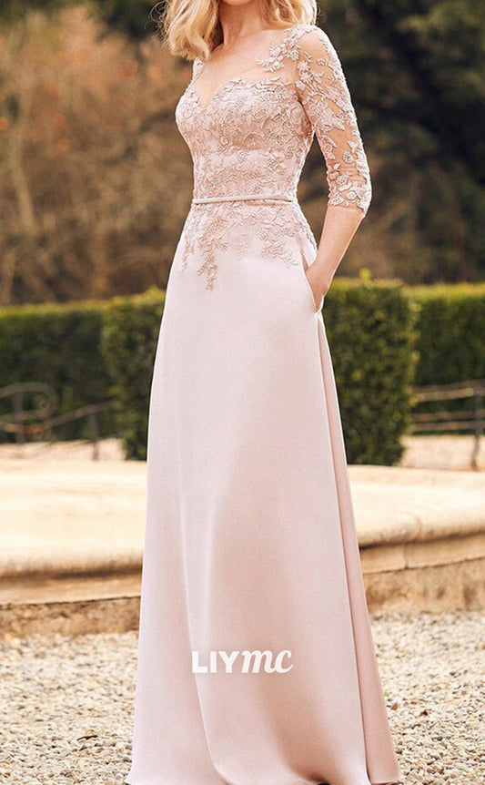 M1119 - Sweetheart Long Sleeves Appliques Sleek Satin Mother of Bride Wedding Guest Dress