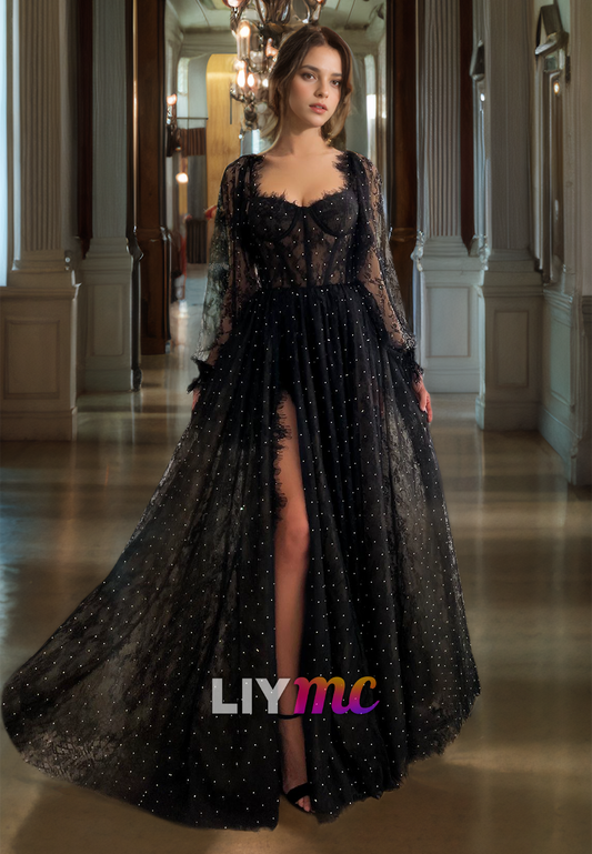 Sweetheart Long Sleeves Appliques Tulle A-Line Prom Dress