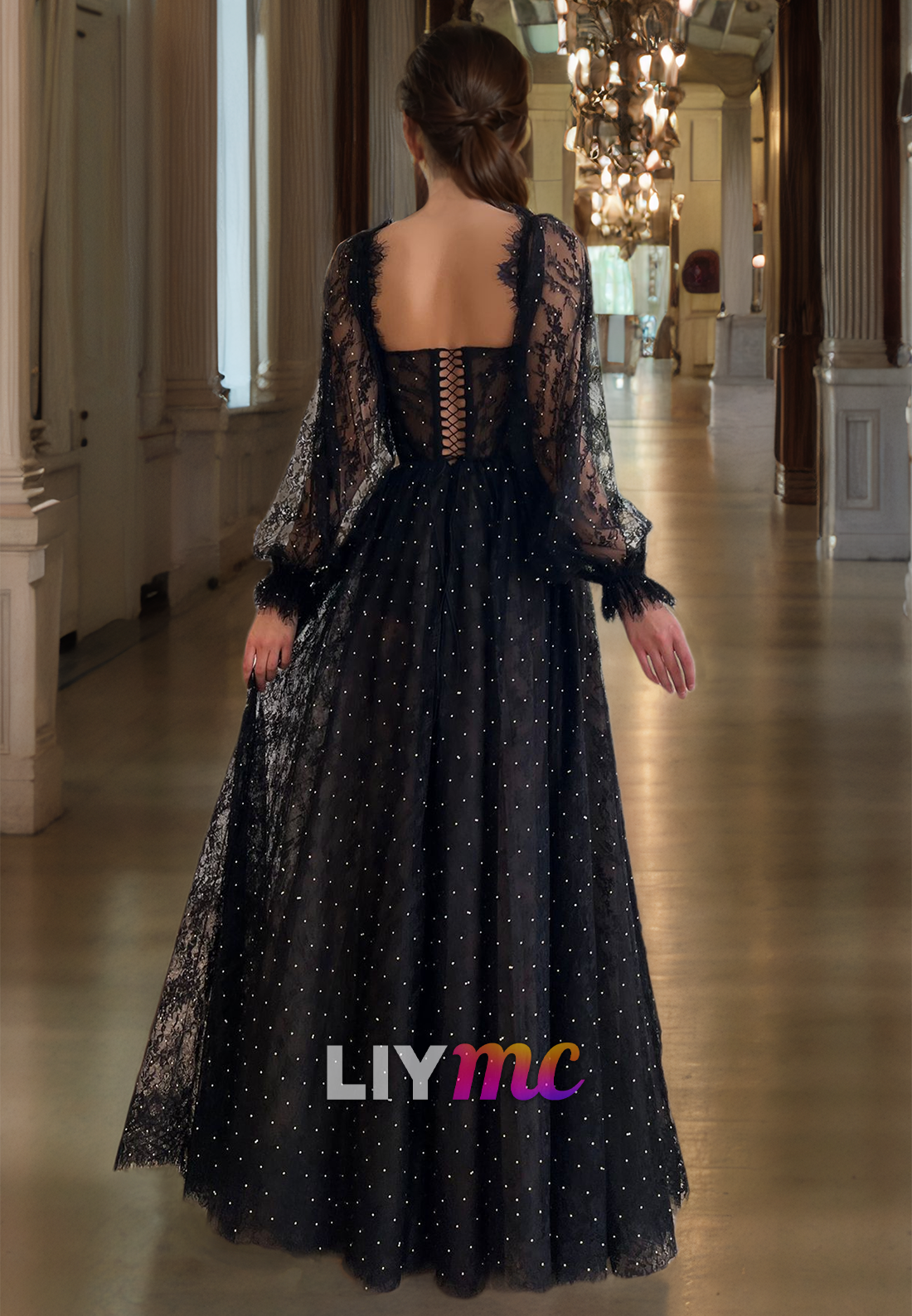 Sweetheart Long Sleeves Appliques Tulle A-Line Prom Dress