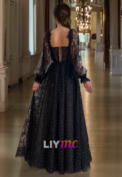 Sweetheart Long Sleeves Appliques Tulle A-Line Prom Dress