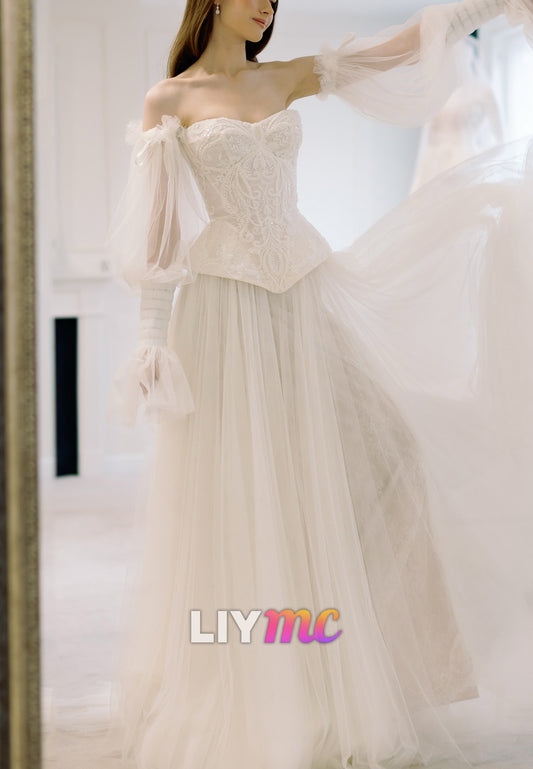 Sweetheart Long Sleeves Appliques Tulle A-Line Wedding Dress