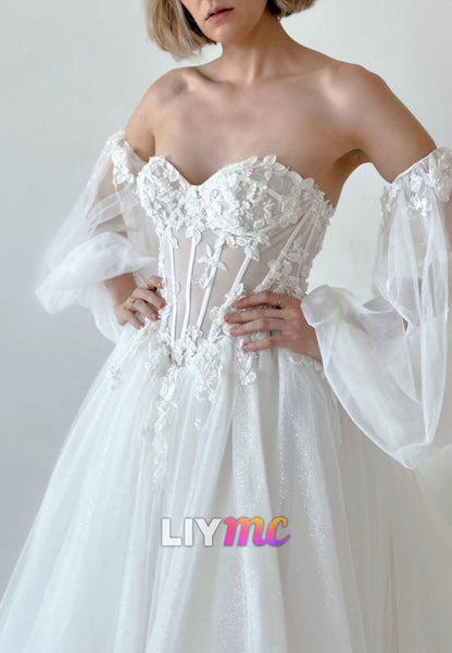 Sweetheart Long Sleeves Appliques Tulle A-Line Wedding Dress