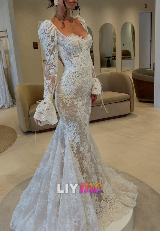 Sweetheart Long Sleeves Appliques Mermaid Wedding Dress