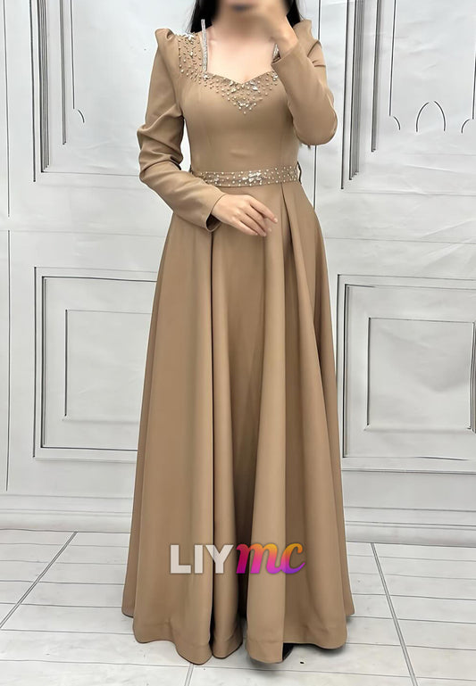 Sweetheart Long Sleeves Beaded A-Line Belt Mother of Bride Dress