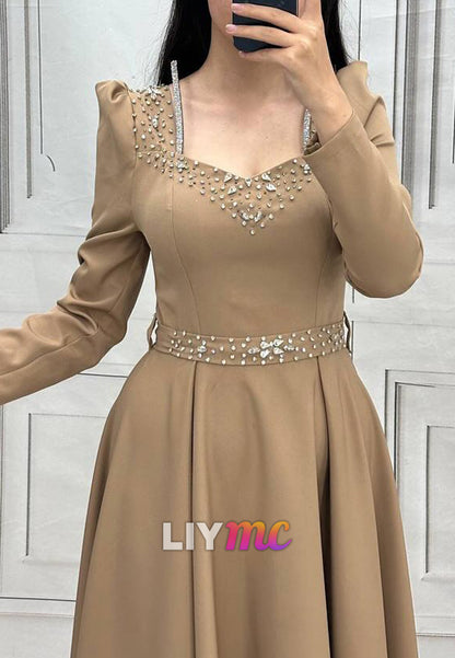 Sweetheart Long Sleeves Beaded A-Line Belt Mother of Bride Dress
