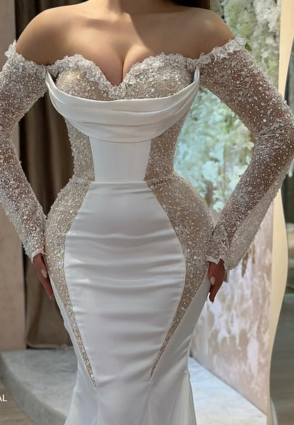 Sweetheart Long Sleeves Beaded Emboridery Mermaid Evening Dress
