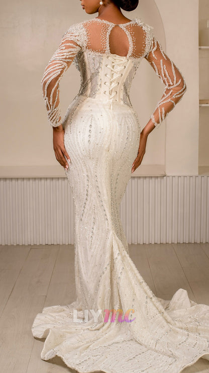 Sweetheart Long Sleeves Beaded Embroidery 3D Floral Mermaid Wedding Dress