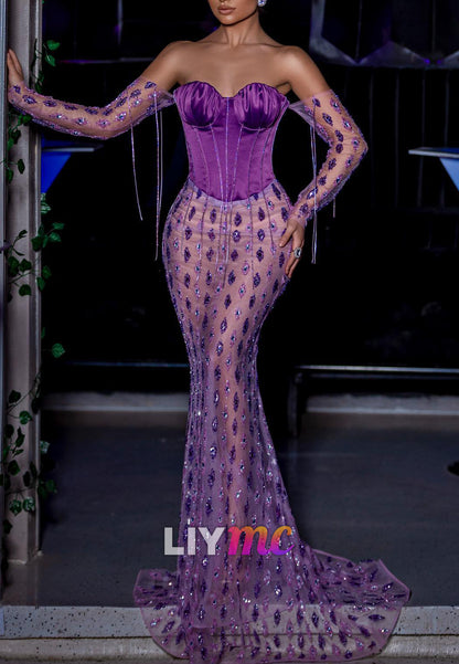 Sweetheart Long Sleeves Beaded Embroidery Mermaid Prom Dress