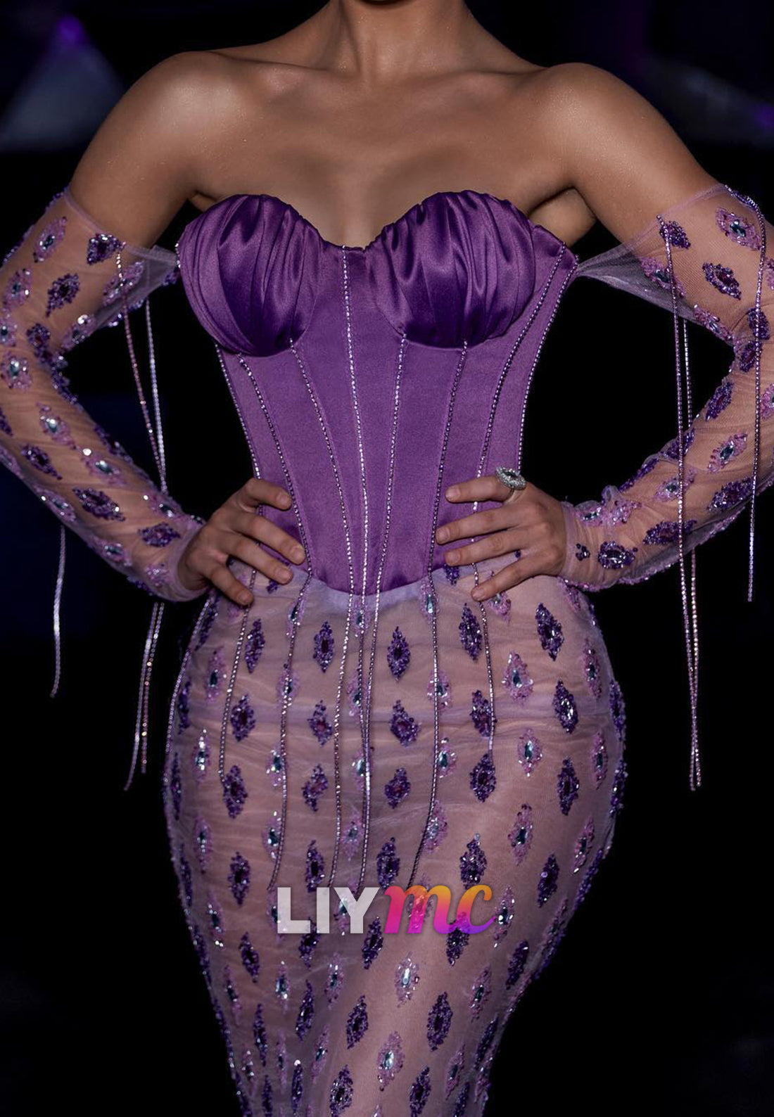 Sweetheart Long Sleeves Beaded Embroidery Mermaid Prom Dress