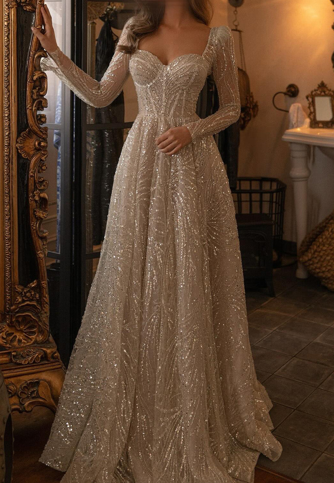 Sweetheart Long Sleeves Beaded Embroidery Sparkly A-Line Prom Dress