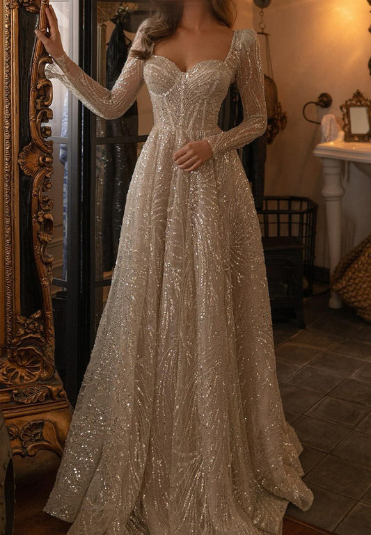 Sweetheart Long Sleeves Beaded Embroidery Sparkly A-Line Prom Dress