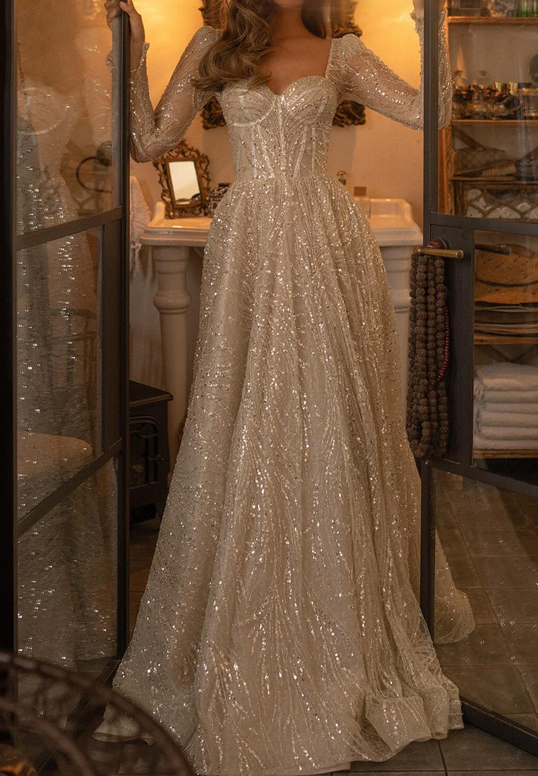 Sweetheart Long Sleeves Beaded Embroidery Sparkly A-Line Prom Dress