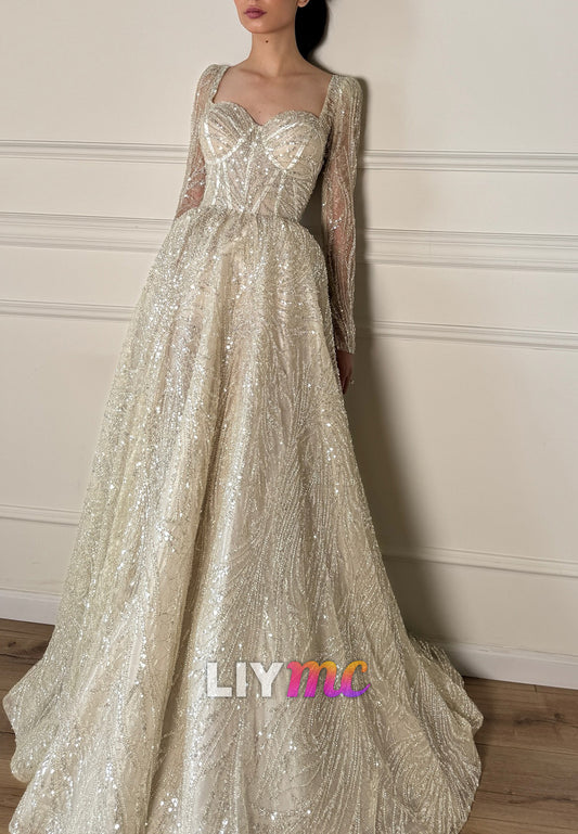 Sweetheart Long Sleeves Beaded Embroidery Sparkly A-Line Wedding Dress