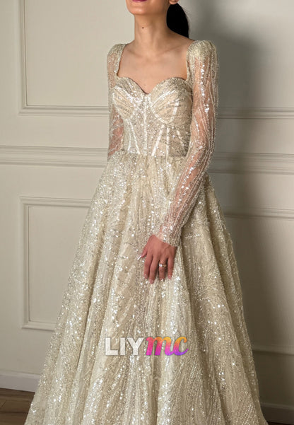 Sweetheart Long Sleeves Beaded Embroidery Sparkly A-Line Wedding Dress