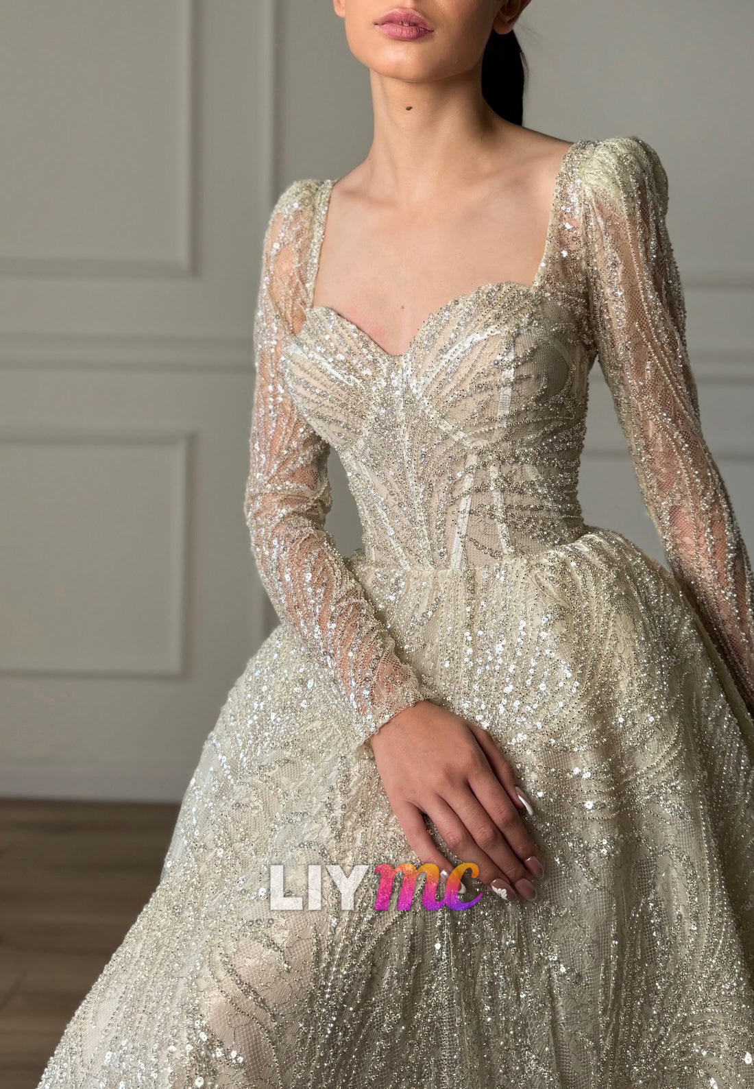 Sweetheart Long Sleeves Beaded Embroidery Sparkly A-Line Wedding Dress