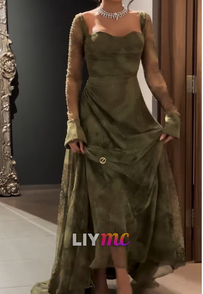 Sweetheart Long Sleeves Beaded Green A-Line Evening Dress