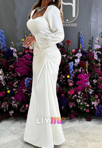 Sweetheart Long Sleeves Beaded Pleated Sheath Formal Dress