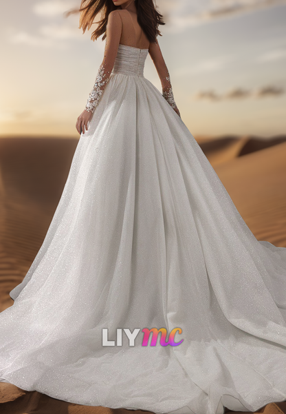 Sweetheart Long Sleeves Beaded Pleatedd Ball Gown Wedding Dress