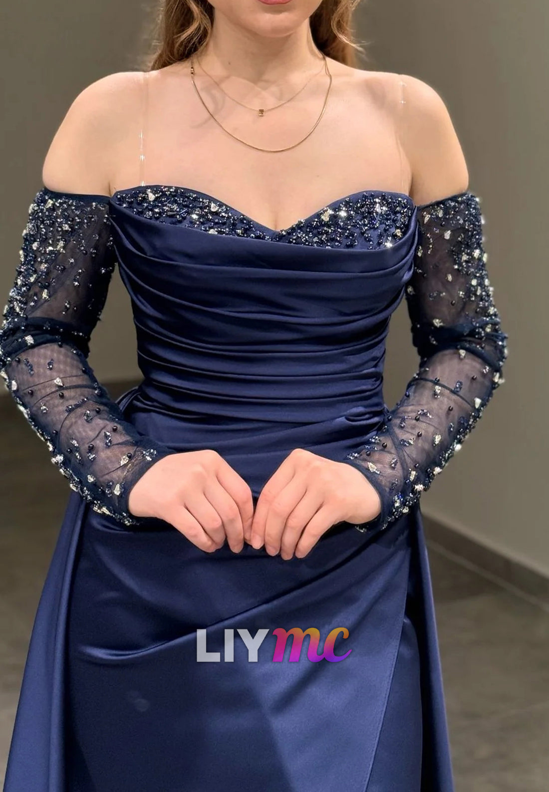 Sweetheart Long Sleeves Beaded Sheath Evening Dress