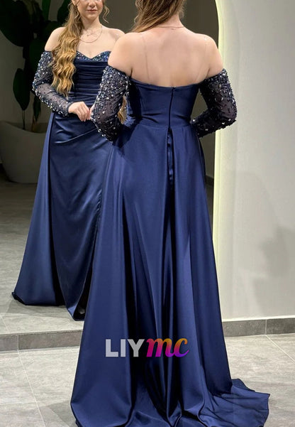Sweetheart Long Sleeves Beaded Sheath Evening Dress