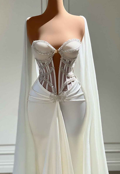 Sweetheart Long Sleeves Beaded Sleek Mermaid Evening Dress