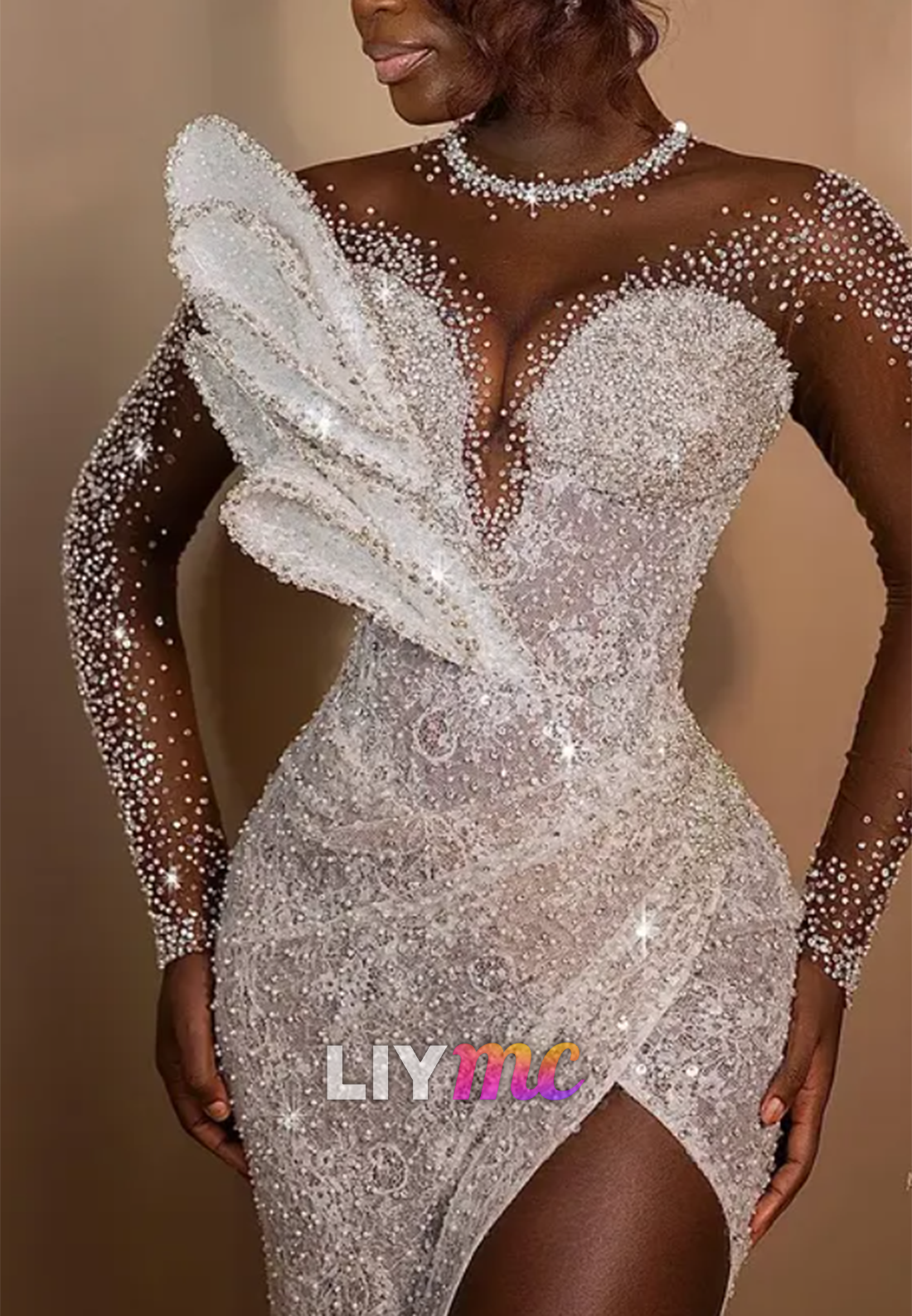 Sweetheart Long Sleeves Beaded Sparkly Sheath Wedding Dress