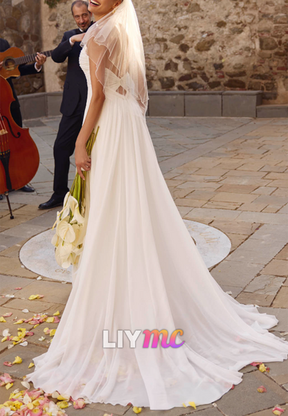 Sweetheart Long Sleeves Chiffon Pleated A-Line Beach Wedding Dress
