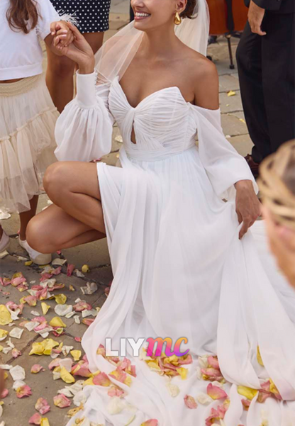 Sweetheart Long Sleeves Chiffon Pleated A-Line Beach Wedding Dress