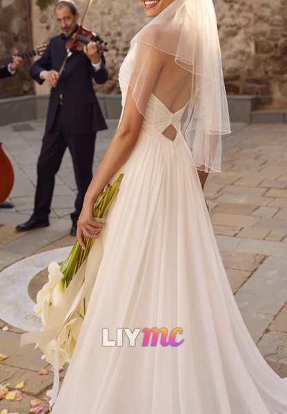 Sweetheart Long Sleeves Chiffon Pleated A-Line Beach Wedding Dress