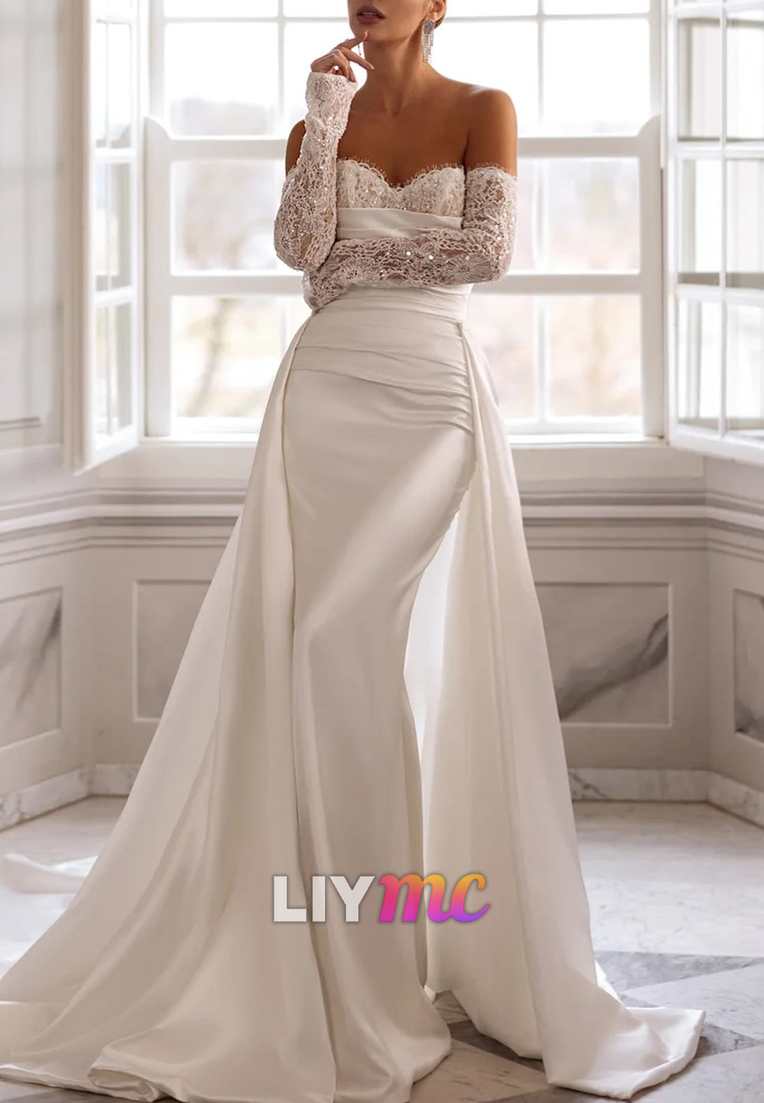 Sweetheart Long Sleeves Fitted Appliques Mermaid Wedding Dress