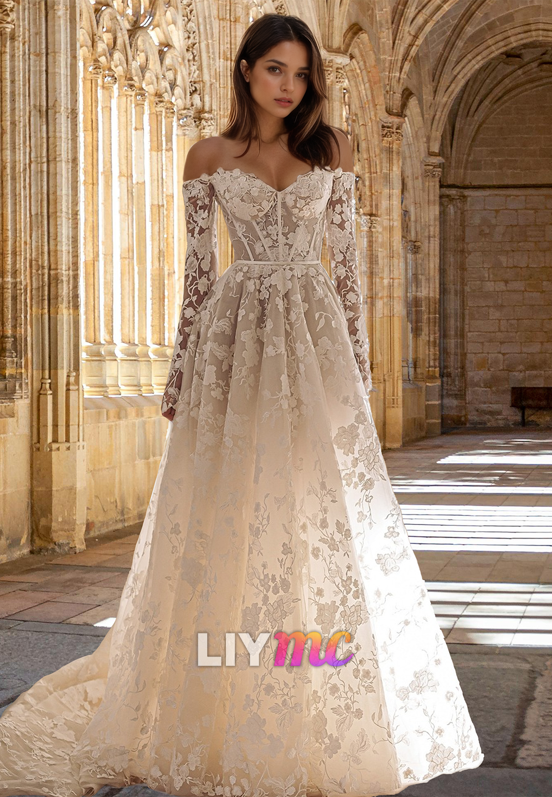 Sweetheart Long Sleeves Floral Appliques A-Line Wedding Dress