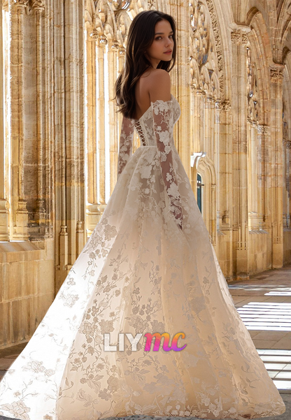 Sweetheart Long Sleeves Floral Appliques A-Line Wedding Dress