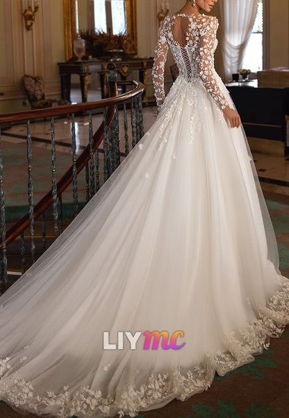 Sweetheart Long Sleeves Floral Embellished A-Line Wedding Dress