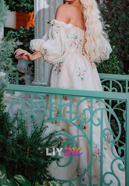 Sweetheart Long Sleeves Floral Printed A-Line Evening Dress