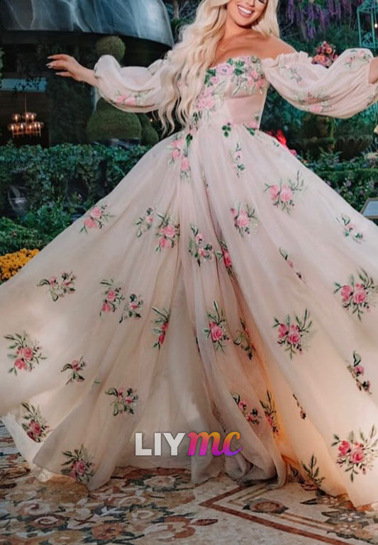 Sweetheart Long Sleeves Floral Printed A-Line Evening Dress