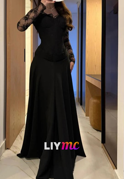 Sweetheart Long Sleeves Lace Appliques A-Line Evening Dress