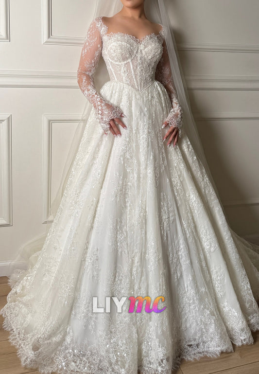 Sweetheart Long Sleeves Lace Appliques A-Line Wedding Dress