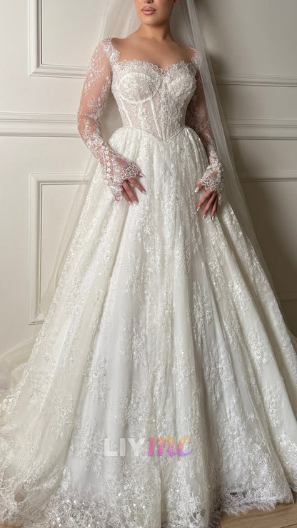 Sweetheart Long Sleeves Lace Appliques A-Line Wedding Dress