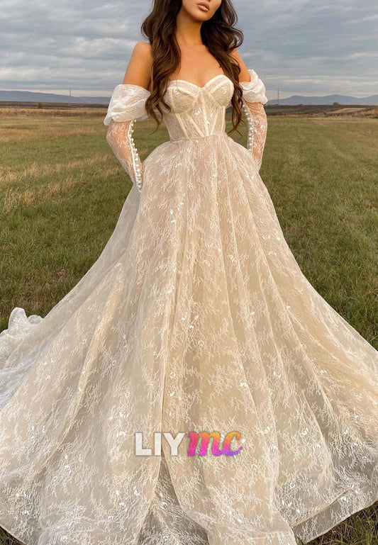 Sweetheart Long Sleeves Lace Appliques A-Line Wedding Dress