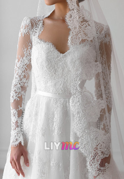 Sweetheart Long Sleeves Lace Appliques A-Line Wedding Dress