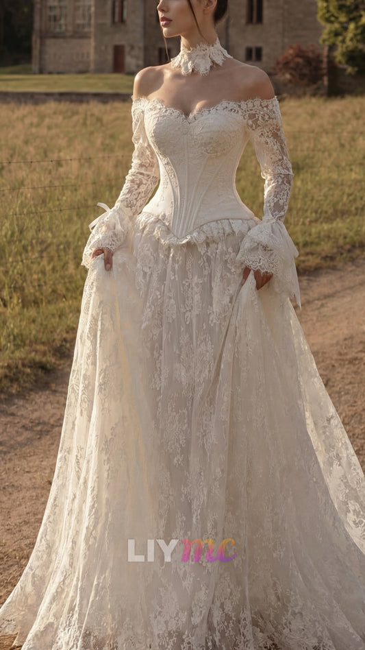 Sweetheart Long Sleeves Lace Appliques A-Line Wedding Dress