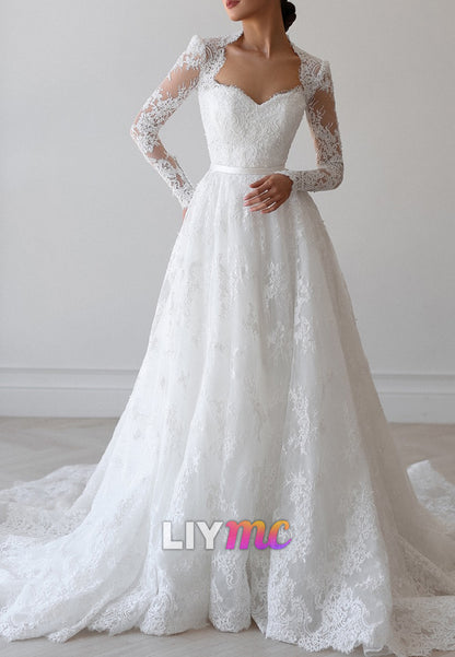 Sweetheart Long Sleeves Lace Appliques A-Line Wedding Dress