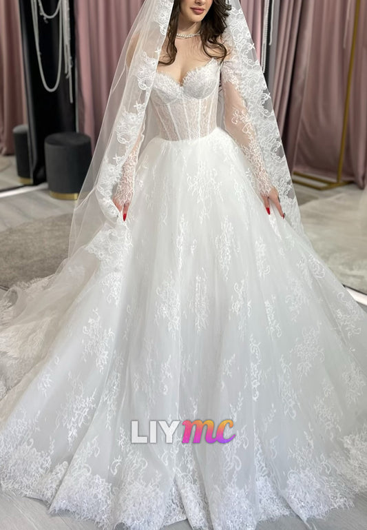 Sweetheart Long Sleeves Lace Appliques A-Line Wedding Dress