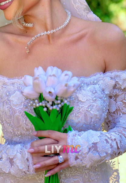 Sweetheart Long Sleeves Lace Appliques Beaded Mermaid Wedding Dress